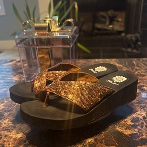 Yellow Box Flare Copper Sequin Platform Wedge Flip Flops - Size 9.5